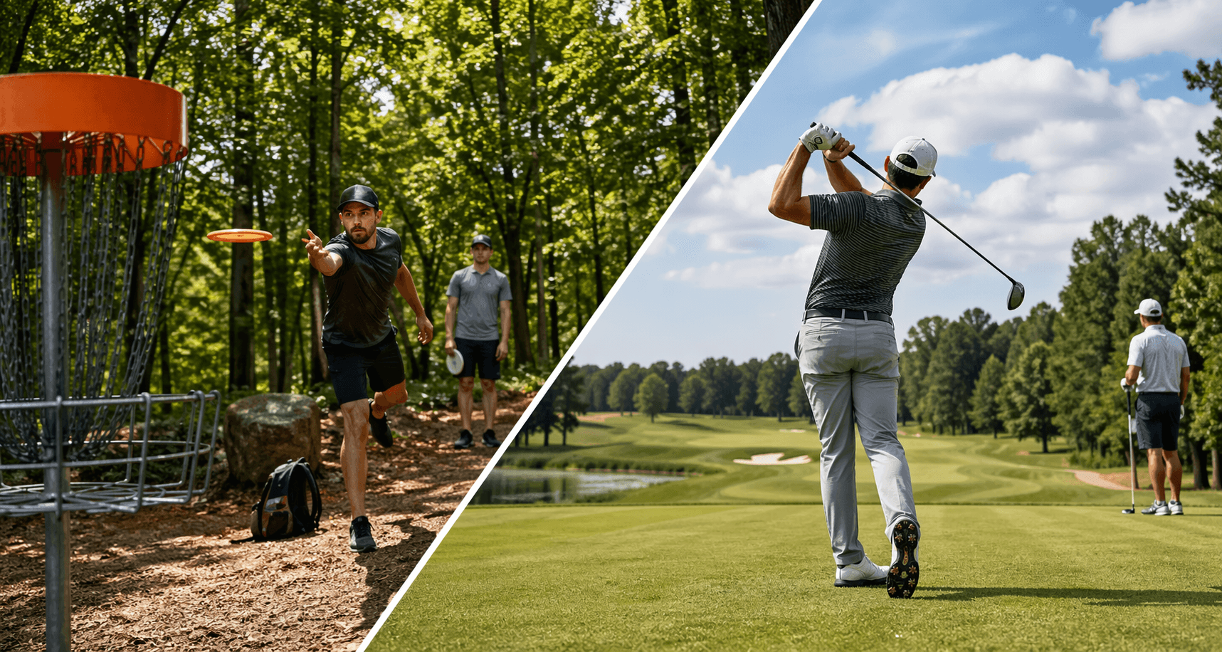 A diagonally split sports hero showing disc golfers in the woods and golfers on a course